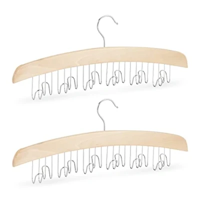 Obrázek Relaxdays Držák na opasek, šatní skříň, balení 2 ks, 12 pásků, háčky otočné o 360, lotosové dřevo, V BT 17 x 43 5 cm, přírodní/stříbrný