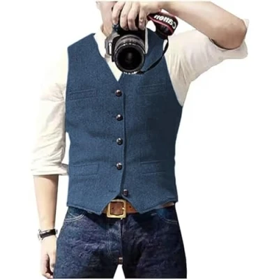 Obrázek Solovedress Pánská ležérní vlna vzor rybí kosti oblek vesta výstřih do V Tvíd pro svatby Groomsmen, modrá