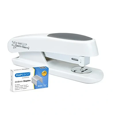 Obrázek Rapesco 1483 Germ Savvy antibakteriální, ECO Sting Ray poloproužkový pořadač a 1000 sponek 24/6 mm, měkká bílá
