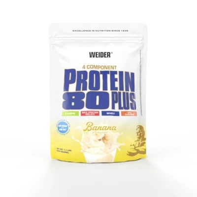 Obrázek WEIDER Protein 80 Plus vícesložkový proteinový prášek, prášek pro krémové, nehanebně chutné proteinové koktejly, kombinace Whey, kaseinu, mléčného proteinu a z vajec, banán, 500 g