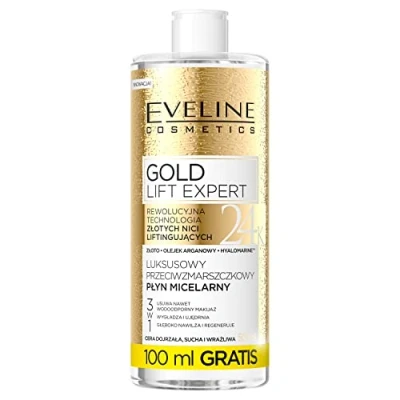 Obrázek Eveline Cosmetics Gold Lift Expert 3 v 1 micelární voda s 24karátovým zlatem, kyselinou hyaluronovou a arganovým olejem receptura proti stárnutí pro zralou pokožku, odstraňuje voděodolný make up