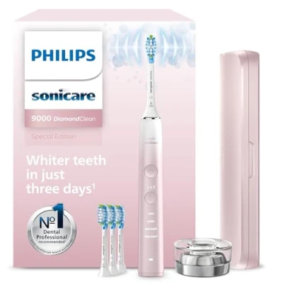 Obrázek Philips Elektrický zubní kartáček Sonicare DiamondClean, řada 9000, speciální edice sonický kartáček, čistší zuby, 4x hlavice kartáčku C3 Premium Plaque Defense, růžová (model HX9911/79)