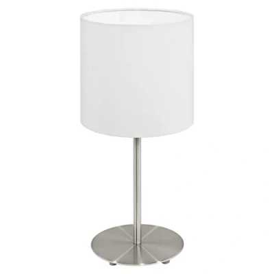 Obrázek EGLO stolní lampa Pasteri, 1 plamenná textilní lampa, na noční stolek z oceli a látky, barva: matný nikl, bílá, objímka: E14, vč. vypínače, V: 27,5 cm