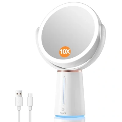 Obrázek Auxmir Dobíjecí kosmetické zrcadlo s osvětlením, 1x / 10x oboustranné stolní zrcadlo, 2500 mAh a 10 stmívatelný jas, otočné o 360 zrcátko na líčení 52 přírodními LED do ložnice