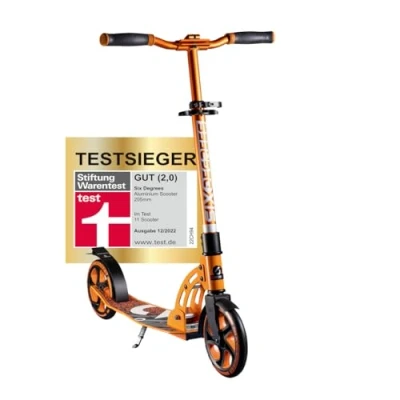 Obrázek SIX DEGREES Hliníková koloběžka se sklápěcím mechanismem a stojanem, 205 mm, výškově nastavitelná, testováno GS, oranžová, vítěz testu