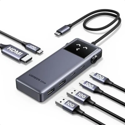 Obrázek UGREEN UNO USB C rozbočovač 10 Gbps 4K@60Hz HDMI inteligentní LED displej adaptér 2*USB a Multiport PD 100 W kompatibilní s iPhone 16, iPad Pro/Air, MacBook Steam Deck