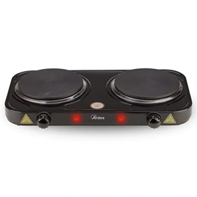 Obrázek ARDES Elektrokochherd von 2000W aus lackiertem Stahl für Camping und Küche mit 2 Platten Gusseisen Durchmesser 15,5 cm Thermostate Modell TIKAPPA AR1F20 Schwarz