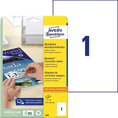 Obrázek Avery Zweckform 6094 korekční A krycí štítků na (Papír Matný, 25 etikety, 210 x 297 mm) Folio Bílá