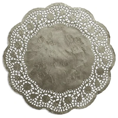 Obrázek Špička na dort, krajkový papír kulatý, ražený, 100 kusů (stříbrná, Ø 26,7 cm)