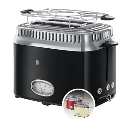 Obrázek Russell Hobbs Toustovač [pro 2 plátky] retro ušlechtilá ocel černý (ukazatel odpočítávání v designu, vč. nástavce na pečivo, 6 stupňů opečení + funkce rozmrazování a zahřívání, 1300 W) Vintage