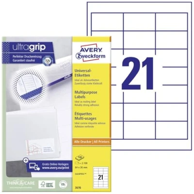 Obrázek Avery Zweckform 3670 Univerzální etikety (A4, papír matný, 2,100 etikety, 64 x 36 mm) 100 Folio Bílá