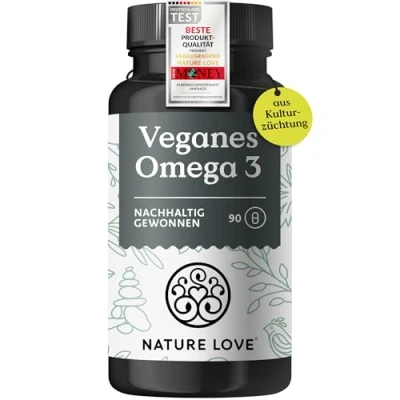 Obrázek NATURE LOVE® Omega 3 vegan značková surovina life&#039;s®Omega vysoká dávka s 1 444 mg oleje z řas v denní dávce 90 kapslí udržitelná, laboratorně testováno, vyrobeno Německu