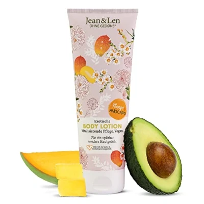 Obrázek Jean &amp; Len Exotické tělové mléko Mango avokádo, pro všechny typy pleti, lehká formulace, rychle se vstřebává, pH hautideal, bez parabenů a silikonů, vegan, 250 ml