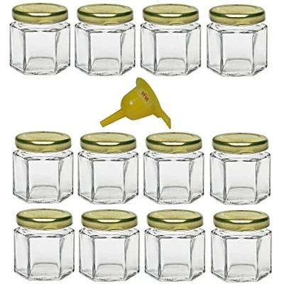 Obrázek Viva Haushaltswaren 12 x mini zavařovací sklenice 47 ml se zlatým víkem, šestihranné skleněné dózy použitelné jako na marmeládu, kořenky, dárek pro hosty atd. (vč. trychtýře Ø 12,3 cm)