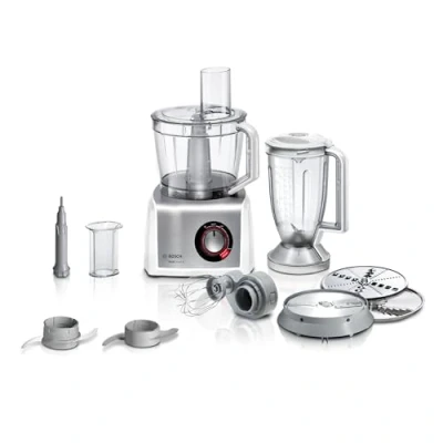 Obrázek Bosch Kompaktní kuchyňský robot MultiTalent 8 MC812S814, 45 funkcí, XXL míchací mísa 3,9 l, mixér 1,5 univerzální nůž, metla, krájení a strouhání (jemné, hrubé), 1250 W, bílá/ušlechtilá