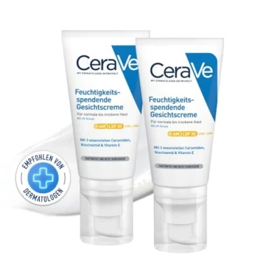 Obrázek CeraVe Hydratační krém na obličej s LSF 30, uklidňující denní pro normální až suchou pokožku, se 3 esenciálními ceramidy, Hyaluron a Niacinamid, 2 x 52 ml