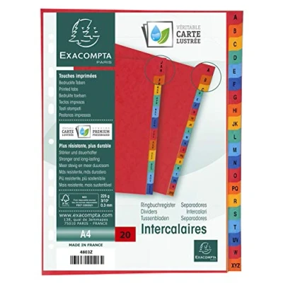 Obrázek Exacompta 4803Z prémiový rejstřík A Z pro DIN A4 ze silného kartonu Colorspanspan, 20dílný, plná výška 24,5 x 29,7 cm, plně barevný 4 5 barev, dělicí proužky