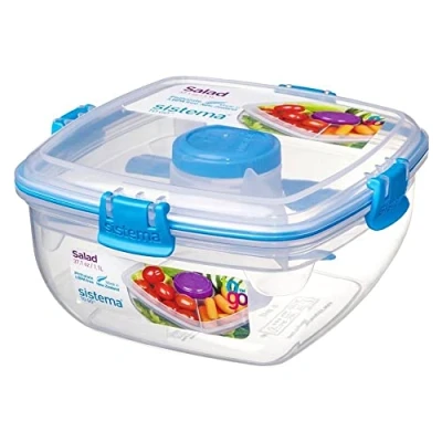 Obrázek Sistema Salad TO GO krabička na chléb s přihrádkami 1,1 l oběd příborem (vidlička a nůž) nádobkou salátový dresink pro děti dospělé bez BPA tyrkysová