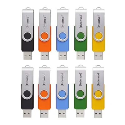 Obrázek Intenso Basic Line 10x 4 GB USB flash disky 2.0 s praktickými popisovacími etiketami, žlutá, zelená, černá, modrá + oranžová, se stříbrným kovovým třmenem, balení 10 ks