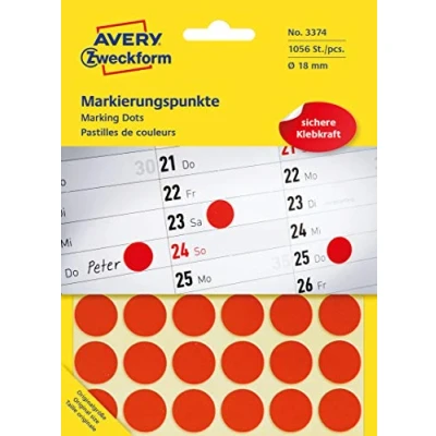 Obrázek AVERY Zweckform 3374 samolepicí označovací body (Ø 18 mm, 1 056 lepítek na 22 oblouků, kulaté nálepky pro kalendář, plánovací kalendář a kutily, papír, matný) červené