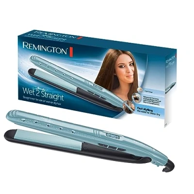 Obrázek Remington Žehlička Wet2Straight (pro mokré a suché použití k sušení vyhlazení vlasů, tepelně aktivované mikroúčinné látky proti krepatění), LCD displej, 140230 C, žehlička na vlasy S7300