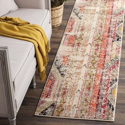 Obrázek SAFAVIEH Boho koberec do obývacího pokoje, jídelny, ložnice Monaco Collection, krátká předsíň, světle šedá a multi, 80 x 180 cm