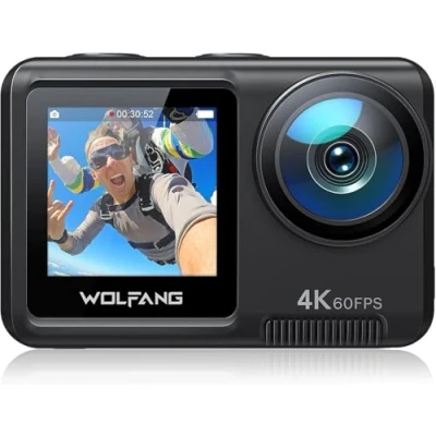 Obrázek WOLFANG Podvodní kamera GA420 Action Cam 4K 60FPS, WiFi 10 m, vodotěsná bez krytu, 3,0 EIS stabilizátor obrazu, Dual Screen na přilbu (externí mikrofon, 2x 1350 mAh akumulátory a sada