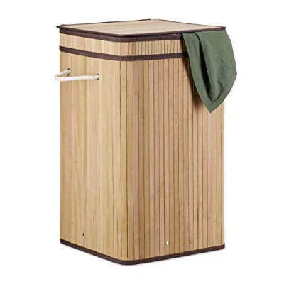 Obrázek Relaxdays, Přírodní koš na prádlo bambus, skládací a přenosný, XL 70 l s víkem, hranatý prádlo, v x š h: 63 36 cm, látka, standard