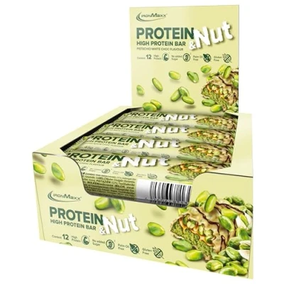 Obrázek IronMaxx Protein &amp; drážka Proteinová tyčinka pistachio White Choc 12 x 45 g High Bar s pravými pistácii proteinové tyčinky bez lepku, přidaného cukru a palmového oleje