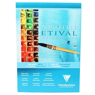 Obrázek Clairefontaine 96302C Etival Matt Aquarellpapier Block (kopfseitig geleimt, 10 Blatt, DIN A4, 21 x 29,7 cm, feinkörnig, 100% Zellulose, 200 g) weiß