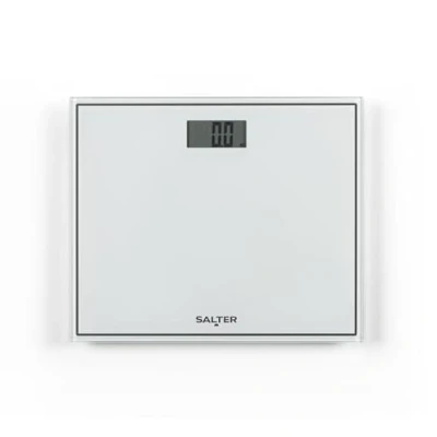 Obrázek Salter 9207 WH3R Digitální koupelnová váha tenká skleněná platforma váha, dobře čitelný LCD displej, aktivace step on, max. hmotnost 150 kg/330 lbs, 15 let záruka, bílá, váží kg, st a lb