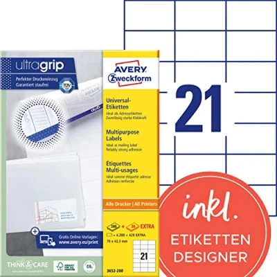Obrázek AVERY Zweckform 3652 200 nálepky na adresu (4 plus 420 samolepicích etiket navíc, 70 x 42,3 mm A4, potištěné etikety odesílatele s ultragrip) 220 listů, bílé