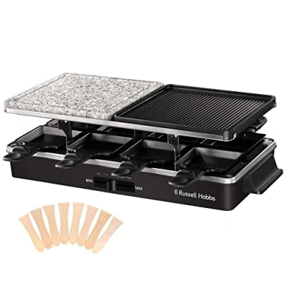Obrázek Russell Hobbs gril na raclette 8 osob [vč. pánviček a dřevěné špachtle, 2 stolní grilovací desky] multi (přírodní kámen s okapnou šťávu, nepřilnavá oboustranná deska rýhovaná) černá,