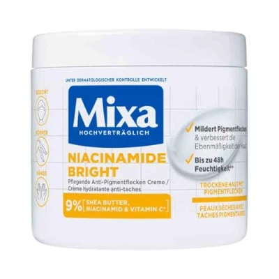 Obrázek Mixa Hydratační antipigmentové skvrny Univerzální krém, vhodný na obličej, tělo a ruce, Niacinamide Bright, hypoalergenní, 400 ml