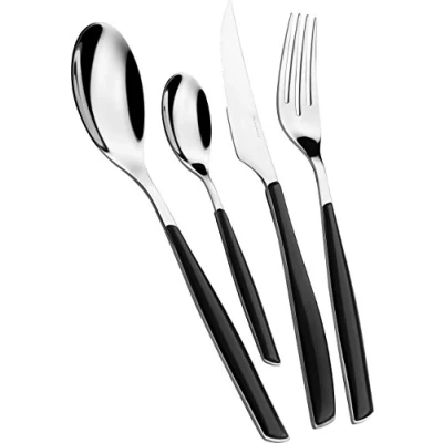 Obrázek BUGATTI, Glamour, 24dílná Sada příborů z ušlechtilé oceli 18/10 a barevná rukojeť PIANO BLACK. pro 6 osob, skládající se lžic, vidliček, nožů kávových lžic