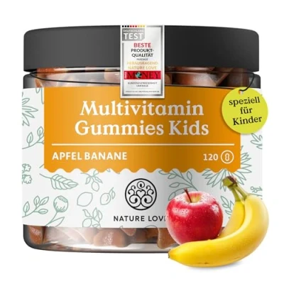 Obrázek NATURE LOVE® Multivitamínové gumy pro děti 120 kusů bez přidaného cukru s vitamíny A, B1, B3, B6, B7 (Biotin), B12, E a jódem jako gumoví medvídci veganské laboratorně