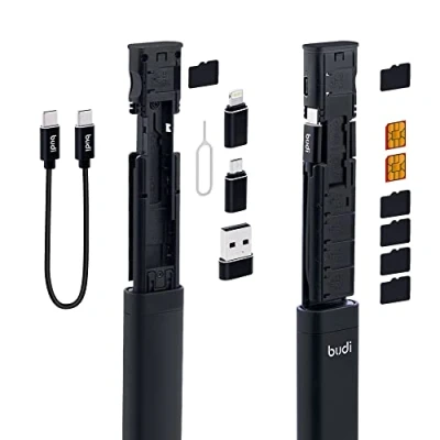 Obrázek Mcbazel Budi 9 IN 1 Multifunkční datový kabel úložný disk na SIM kartu, kompaktní box USB SD kartu s nabíjecím a přenosovým adaptérem typu C, microUSB adaptér, C