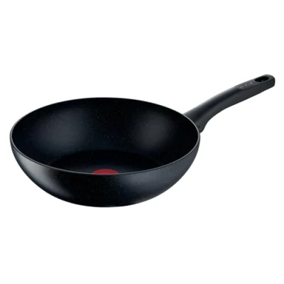 Obrázek Tefal G28119 Black Stone pánev wok 28 cm Mineralia+ nepřilnavý povrch bezpečný termo signál vhodný pro indukci zdravé vaření kámen černá, hliník