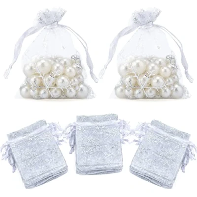 Obrázek jijAcraft Organza Beutel mit Schneeflocken, 7 x 9 cm organzasäckchen, 100 Stück Geschenkbeutel Kordelzug für Weihnachten, Hochzeit, Schmuck