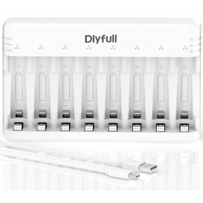 Obrázek Dlyfull nabíječka baterií, 8násobná baterií pro NI MH/NI CD Mignon AA a Micro AAA s LED displejem, 5 V/2 USB C úspora proudu energie dobíjecí baterie, bílá