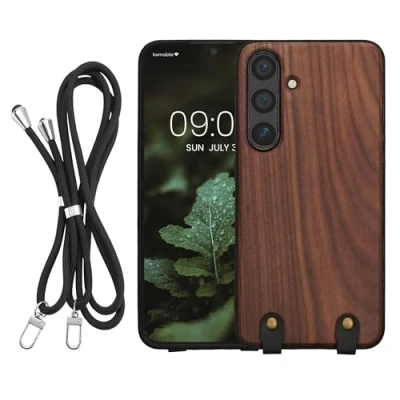 Obrázek kwmobile Necklace Case kompatibilní se Samsung Galaxy S24 dřevo TPU Cover s řetízkem na mobil pásek tmavě hnědý