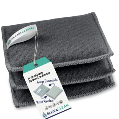Obrázek ELEXACLEAN houbičky na mytí hrnců, (sada 3 ks, 10 x 8 cm, tmavě šedá) lze prát pro opakované použití, s mikrovláknem