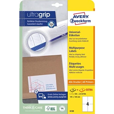 Obrázek AVERY Zweckform Univerzální etikety 6120 (100 plus 20 lepicích etiket navíc, 105 x 148 mm na A4, papír matný, potiskovatelné přepravní etikety, samolepicí nálepky s ultragrip) 30 listů, bílé