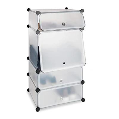 Obrázek Relaxdays, transparentní botník plast, regálový systém 4 přihrádky, zásuvný regál, pro 8 párů, s dvířky, V Š x H 91 49 36,5 cm, cm