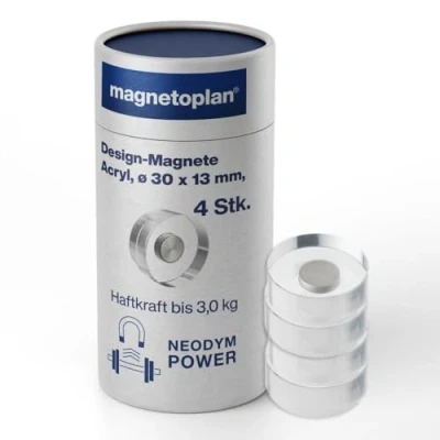 Obrázek magnetoplan Designové magnety, transparentní ØxV 30 x 13 mm 4 kusy, extrémní přilnavost 3 kg díky neodymovému magnetickému držáku Pro ledničku, bílou tabuli, magnetickou tabuli
