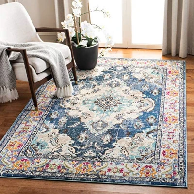 Obrázek SAFAVIEH Boho Teppich für Wohnzimmer, Esszimmer, Schlafzimmer Monaco Collection, Kurzer Flor, Marineblau und Hellblau, 155 X 231 cm