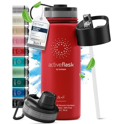 Obrázek láhev na pití z ušlechtilé oceli Active FLASK + brčko (3 víčka) bez BPA, zabezpečená proti vytečení, vhodná pro sycené nápoje vodu jízdní kolo termoska izolovaná izolační sportovní