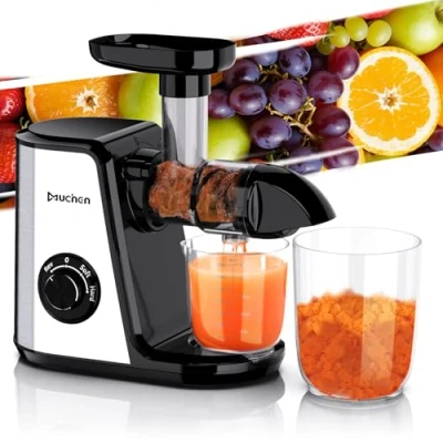 Obrázek Muchen Slow Juicer Odšťavňovač zeleniny a ovoce vítěz testu 150W tichý motor, zpětné drcení, snadné čištění, design z ušlechtilé oceli v černé stříbrné barvě, vč. receptáře