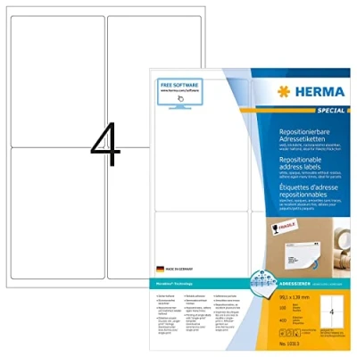 Obrázek HERMA 10313 univerzální etikety, neprůhledné, 100 listů, 99,1 x 139 mm, 4 pro arch A4, 400 kusů, samolepicí, potištěné, matné, prázdné papírové lepicí etikety nálepky, bílé