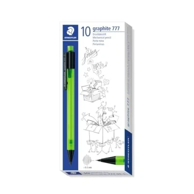 Obrázek STAEDTLER 777 05 5 mechanická verzatilka grafitová plněná náplní B náplní, průměr tuhy 0,5 mm, barva dříku: zelená, 10 kusů v kartonovém pouzdře